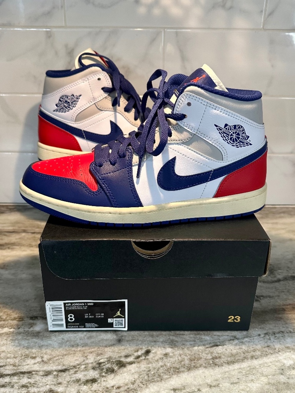 Mens Nike Air Jordan 1 Mid Sz 8 University Red White Royal Blue Sneakers USA HTF